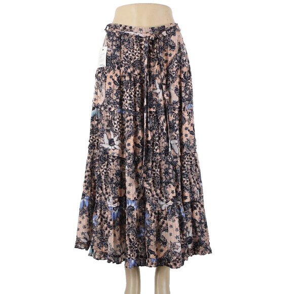 Ulla Johnson $295 Foxy Couture Sz 4 Peach Navy Multi Tier Cotton Maxi Skirt